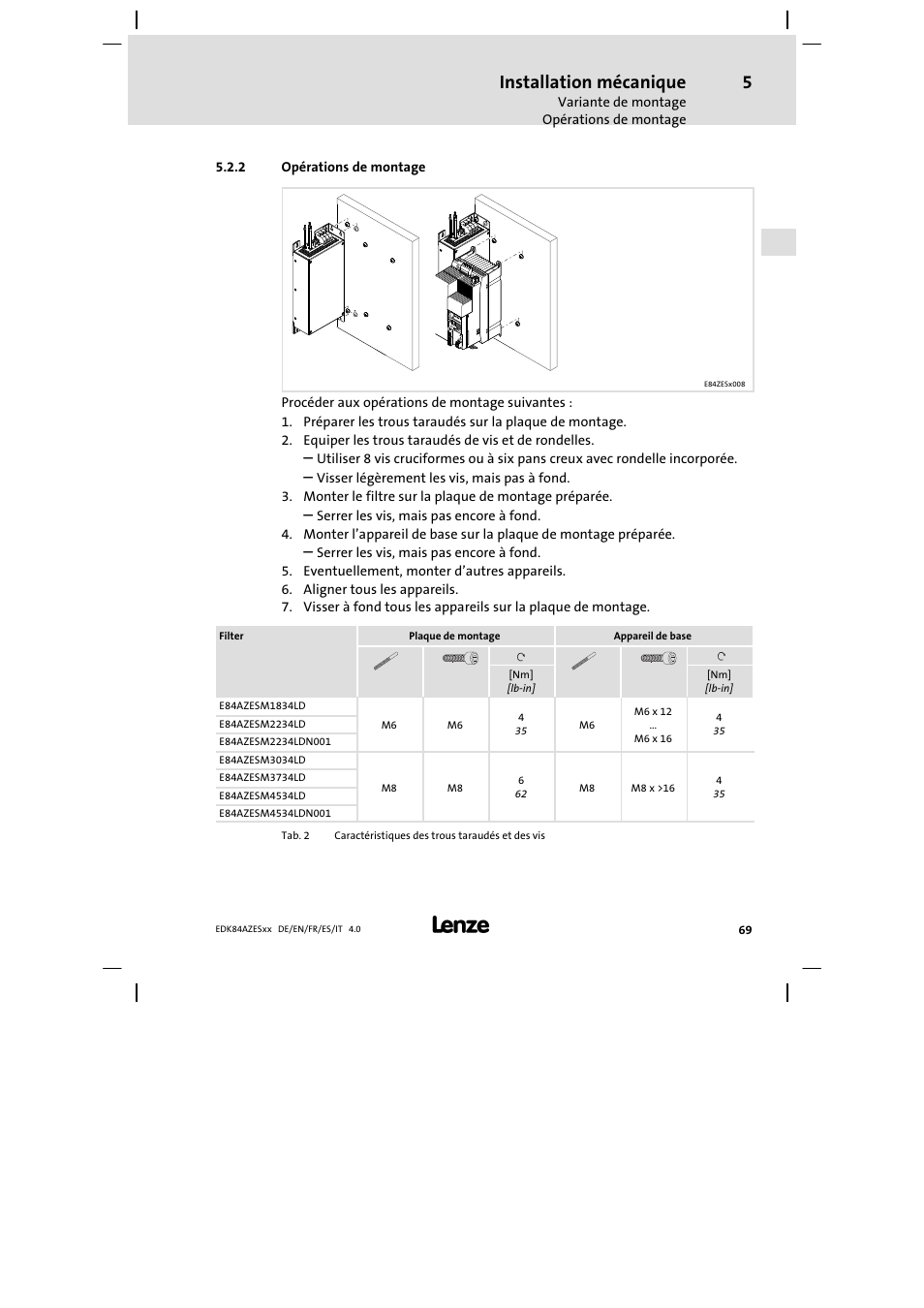 Opérations de montage, Installation mécanique | Lenze E84AZESR Mains filter-RFI filter 42-96A User Manual | Page 69 / 120