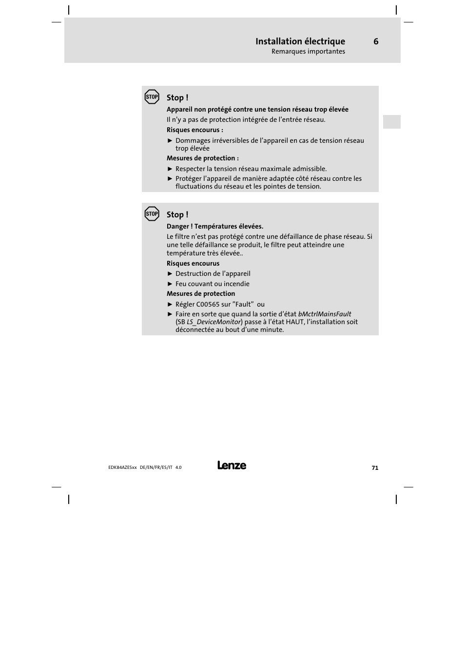 Installation électrique | Lenze E84AZESR Mains filter-RFI filter 42-96A User Manual | Page 71 / 120