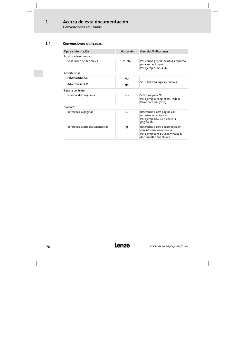 Convenciones utilizadas, Acerca de esta documentación | Lenze E84AZESR Mains filter-RFI filter 42-96A User Manual | Page 76 / 120