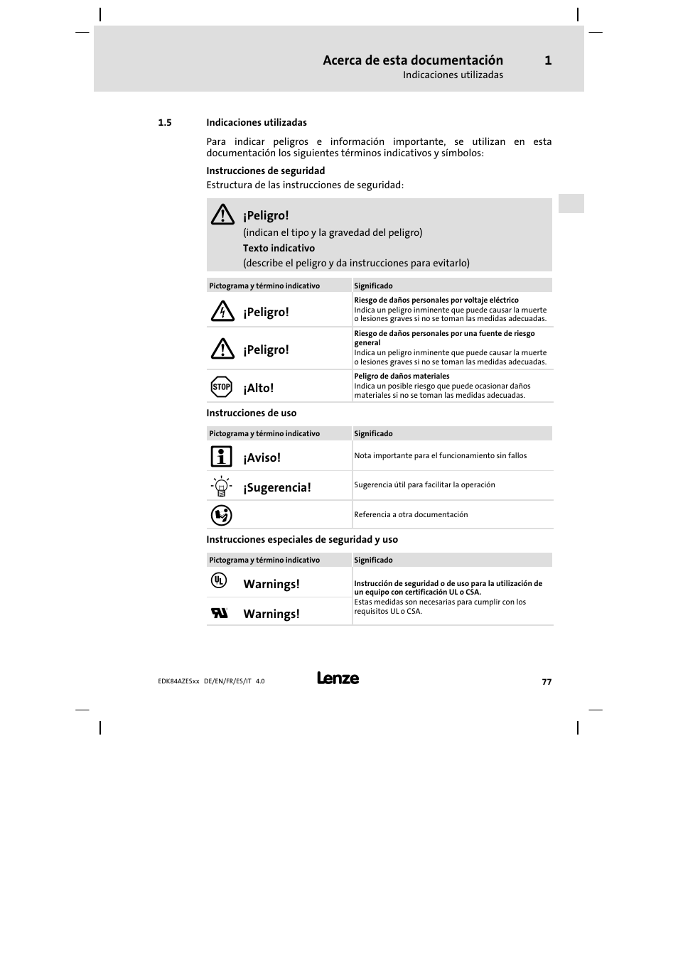 Indicaciones utilizadas | Lenze E84AZESR Mains filter-RFI filter 42-96A User Manual | Page 77 / 120
