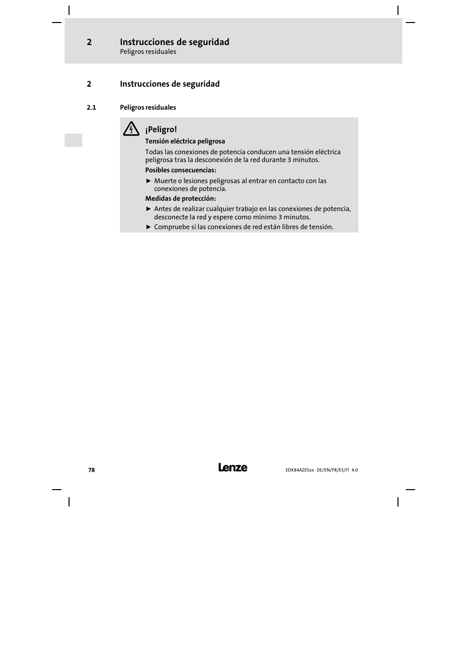 Instrucciones de seguridad, Peligros residuales | Lenze E84AZESR Mains filter-RFI filter 42-96A User Manual | Page 78 / 120