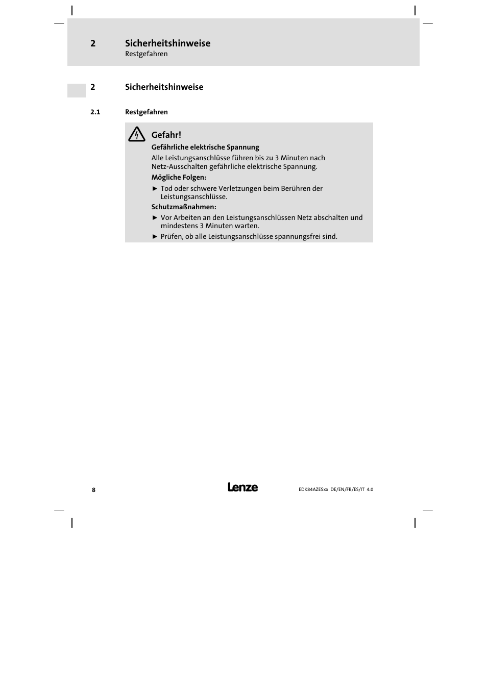 Sicherheitshinweise, Restgefahren | Lenze E84AZESR Mains filter-RFI filter 42-96A User Manual | Page 8 / 120