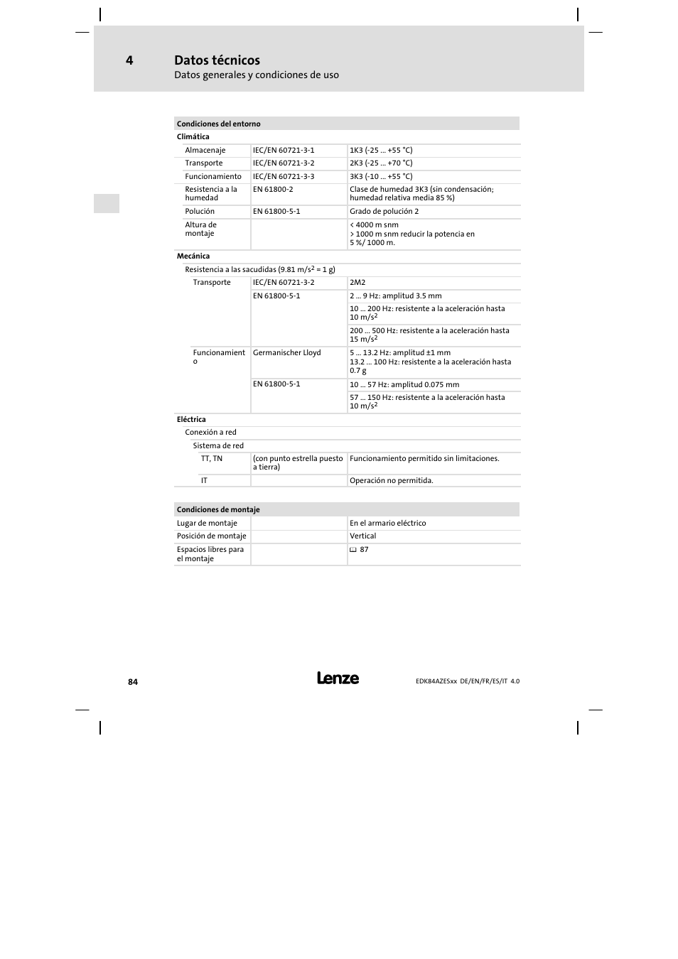 Datos técnicos | Lenze E84AZESR Mains filter-RFI filter 42-96A User Manual | Page 84 / 120