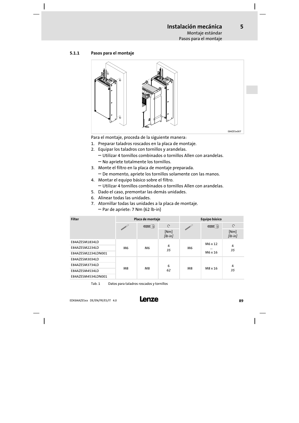 Pasos para el montaje, Instalación mecánica | Lenze E84AZESR Mains filter-RFI filter 42-96A User Manual | Page 89 / 120