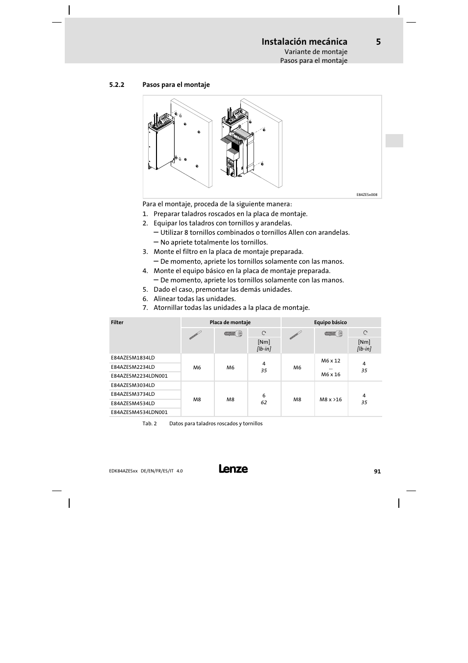 Pasos para el montaje, Instalación mecánica | Lenze E84AZESR Mains filter-RFI filter 42-96A User Manual | Page 91 / 120