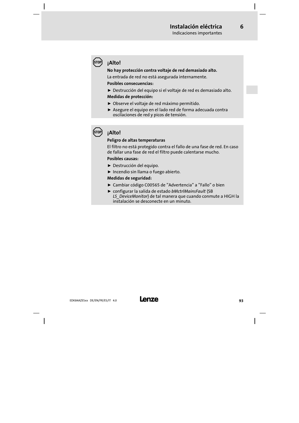 Instalación eléctrica | Lenze E84AZESR Mains filter-RFI filter 42-96A User Manual | Page 93 / 120