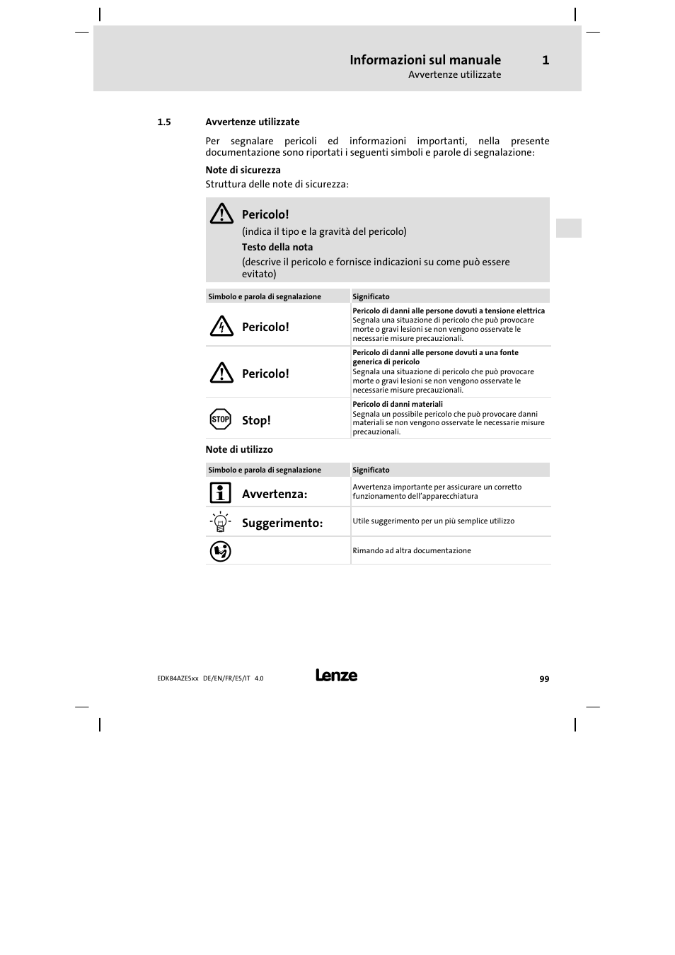 Avvertenze utilizzate | Lenze E84AZESR Mains filter-RFI filter 42-96A User Manual | Page 99 / 120