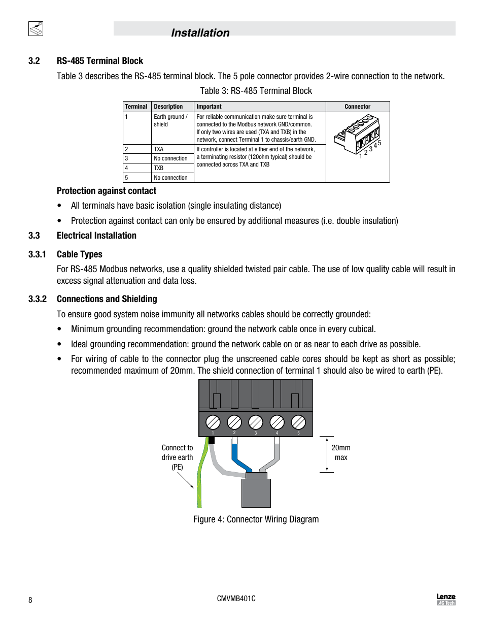 Installation, Figure 4: connector wiring diagram | Lenze ESVZAR0 RS-485 User Manual | Page 10 / 33