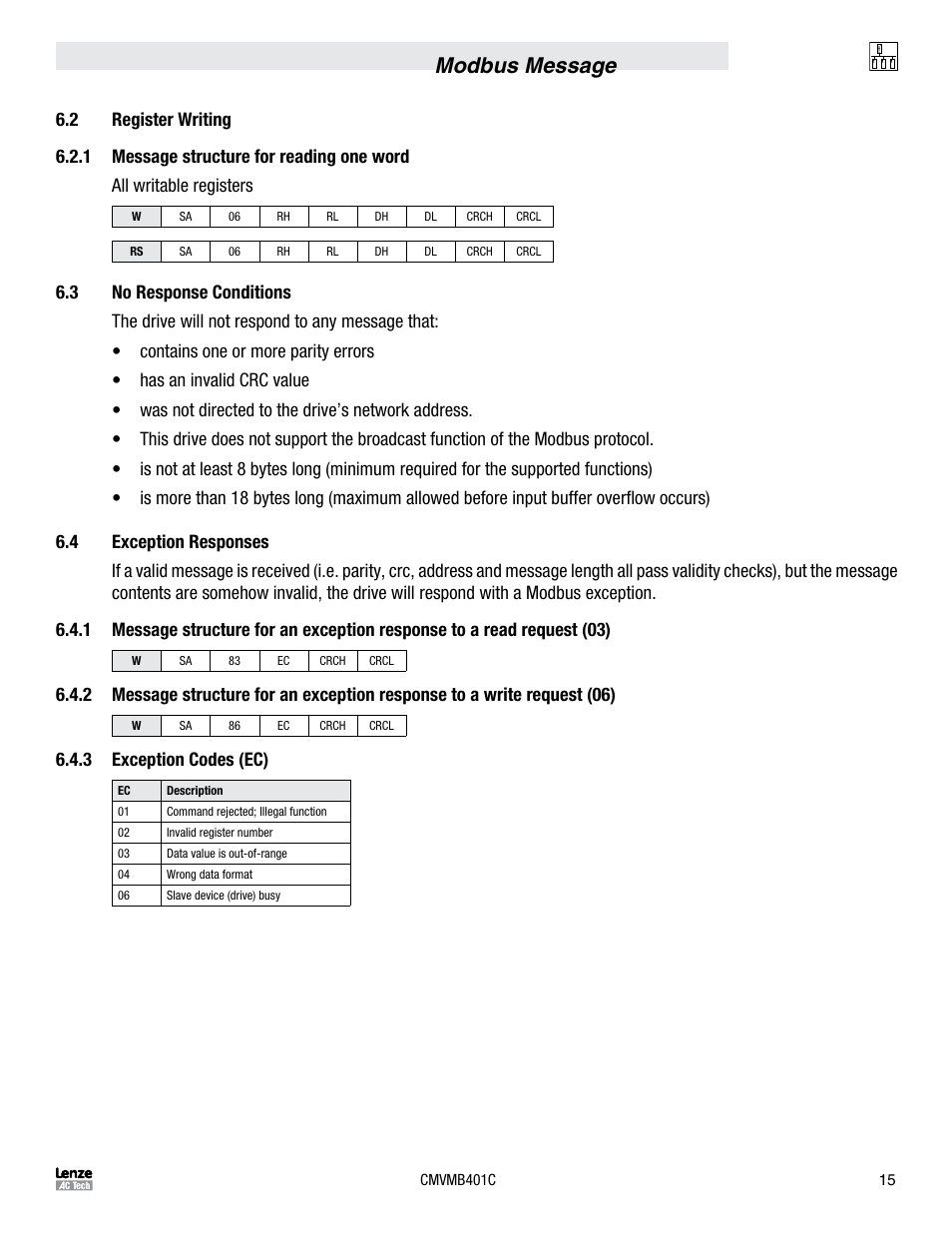 Modbus message, 3 exception codes (ec) | Lenze ESVZAR0 RS-485 User Manual | Page 17 / 33