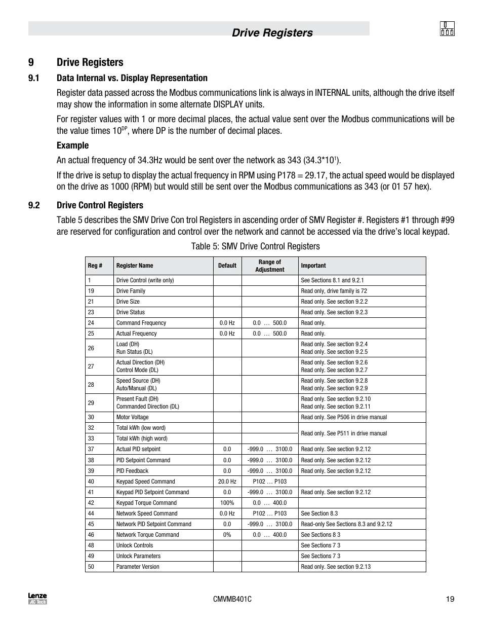 Drive registers 9 drive registers | Lenze ESVZAR0 RS-485 User Manual | Page 21 / 33