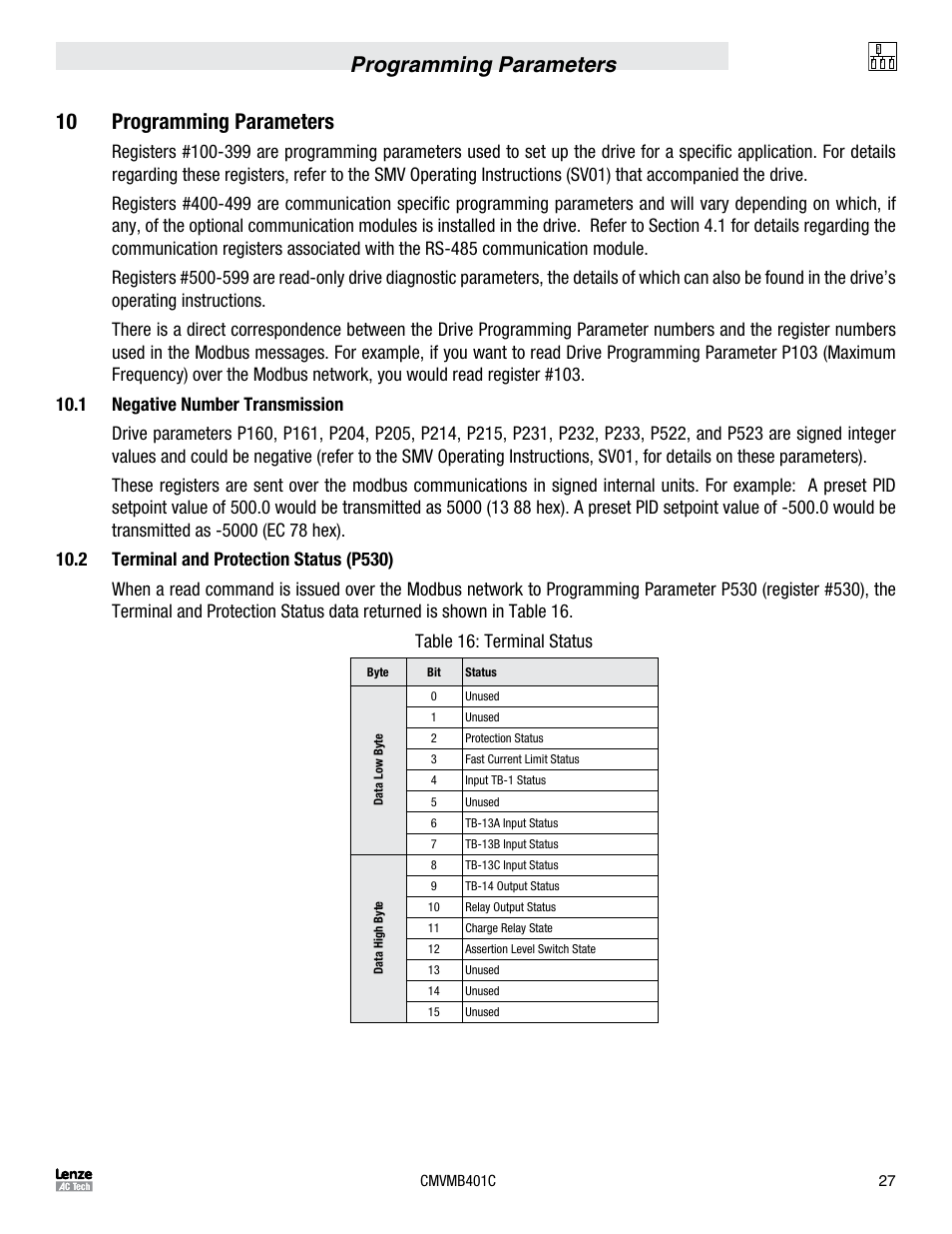 Programming parameters 10 programming parameters | Lenze ESVZAR0 RS-485 User Manual | Page 29 / 33