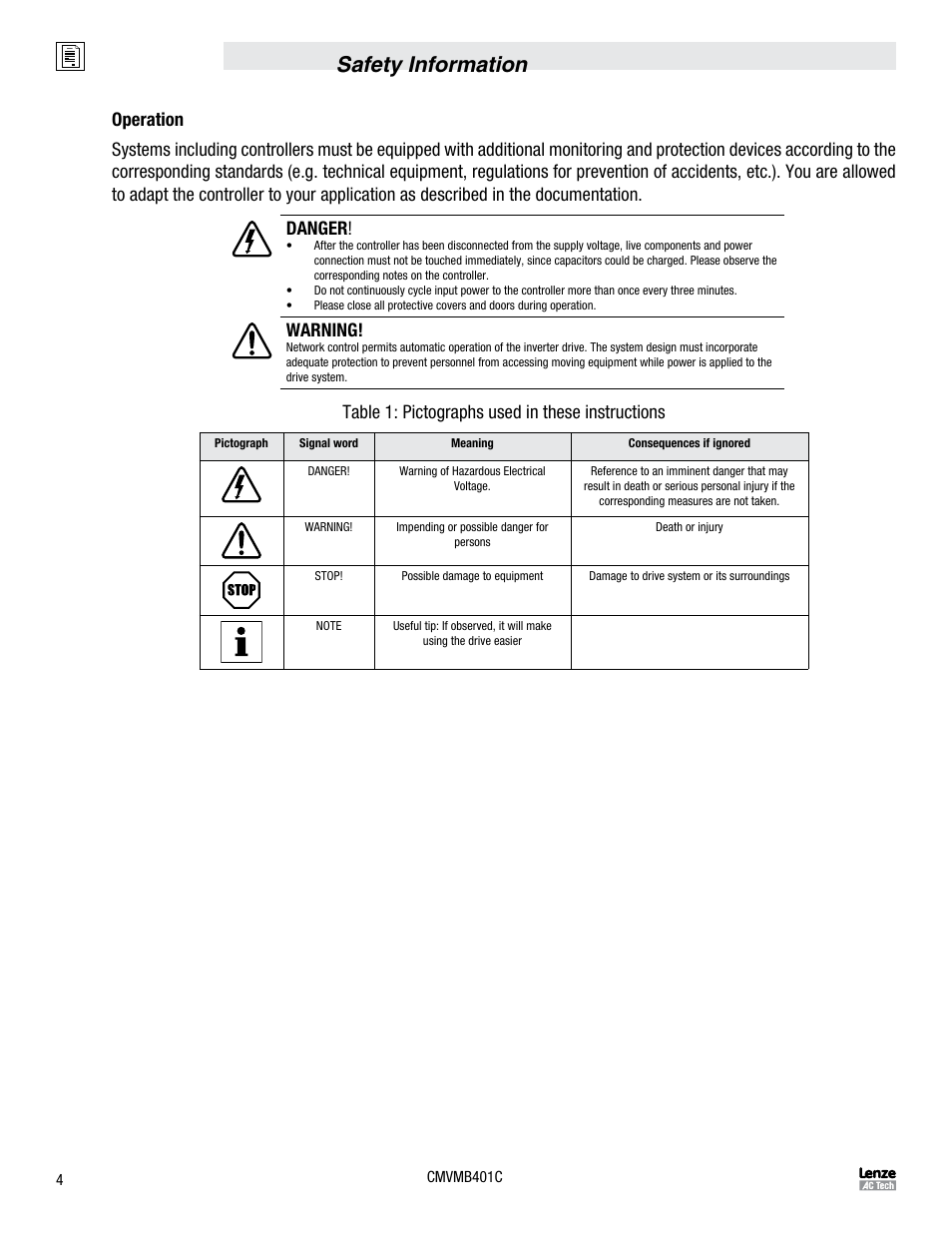 Safety information, Warning, Table 1: pictographs used in these instructions | Lenze ESVZAR0 RS-485 User Manual | Page 6 / 33