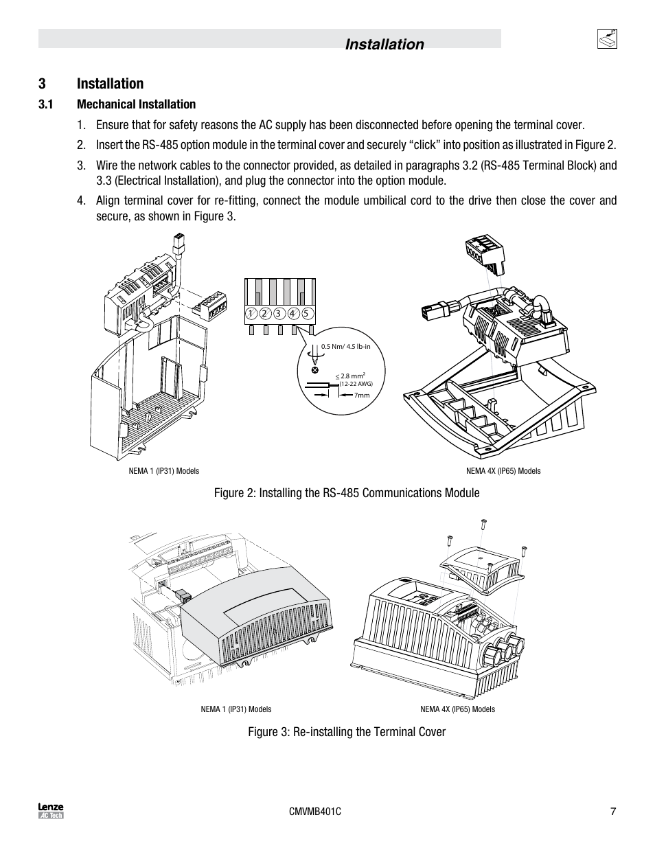Installation 3 installation | Lenze ESVZAR0 RS-485 User Manual | Page 9 / 33