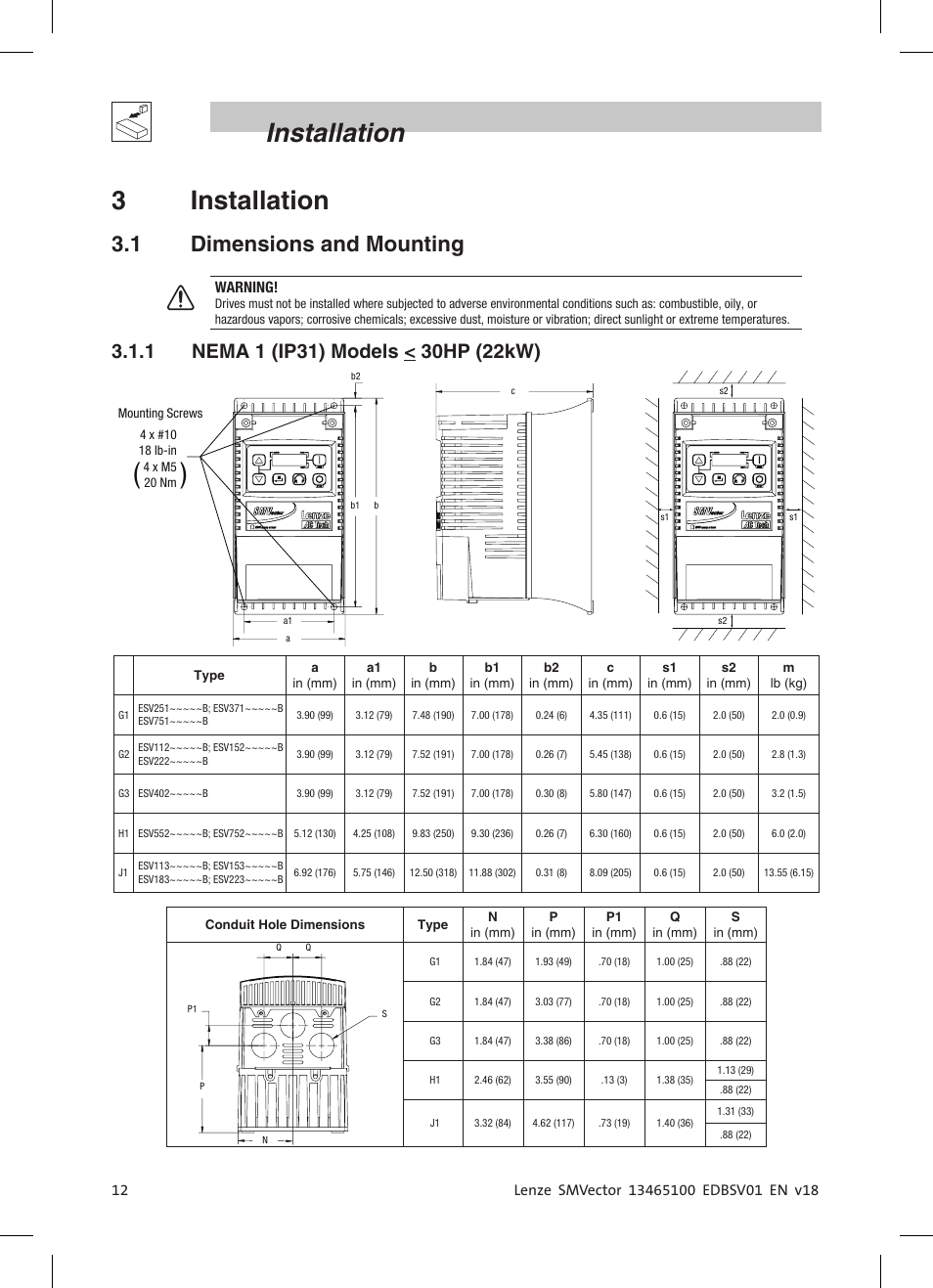 Installation 3 installation, 1 dimensions and mounting | Lenze ESV SMV frequency inverter User Manual | Page 14 / 66