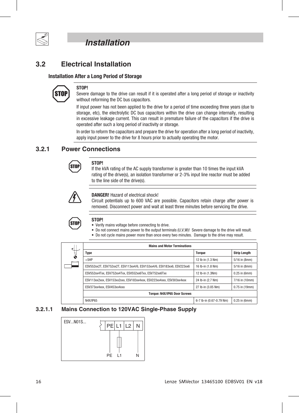 Installation, 2 electrical installation, 1 power connections | Lenze ESV SMV frequency inverter User Manual | Page 18 / 66