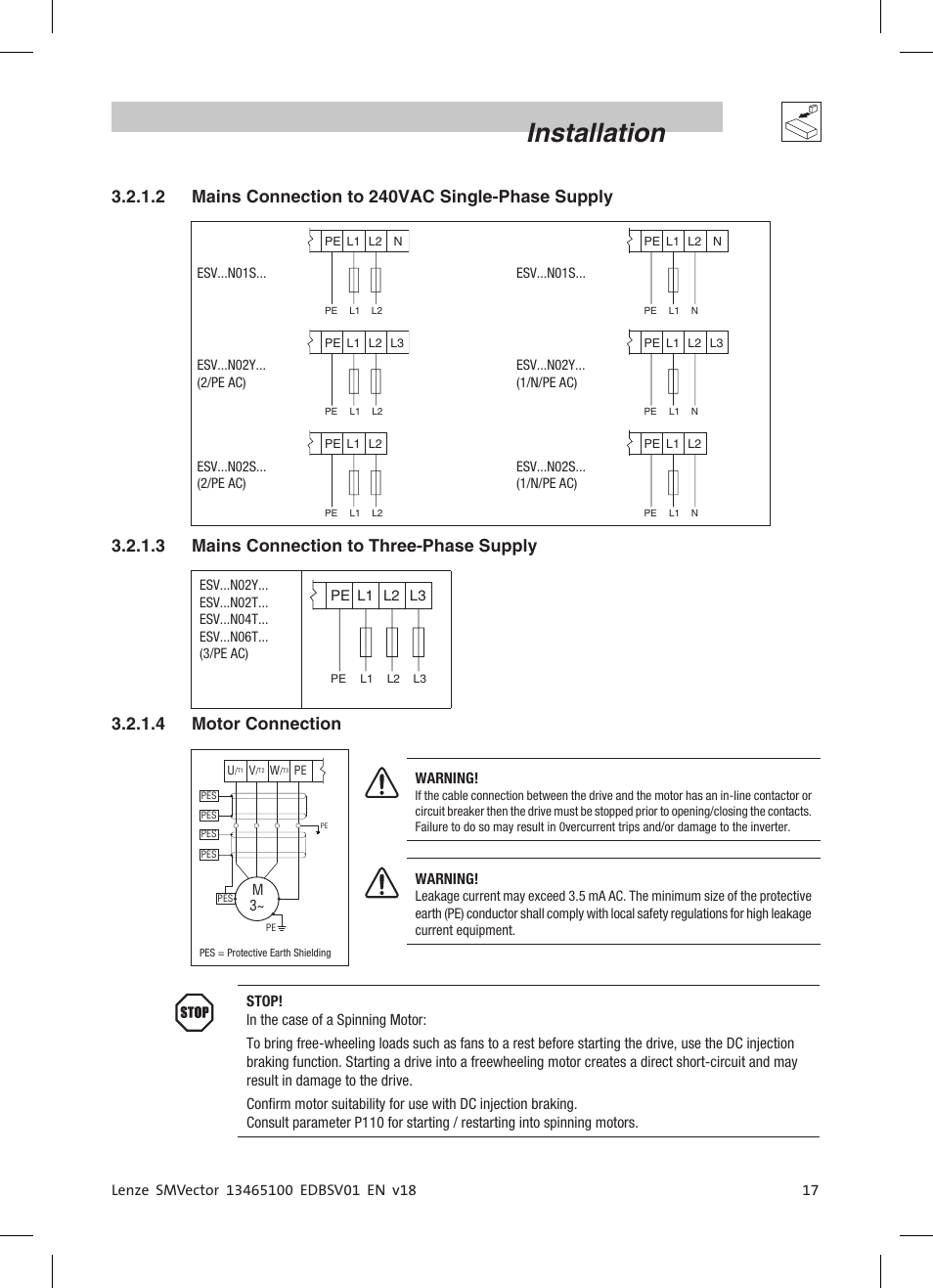 Installation, 2 mains connection to 240vac single-phase supply, 3 mains connection to three-phase supply | 4 motor connection | Lenze ESV SMV frequency inverter User Manual | Page 19 / 66