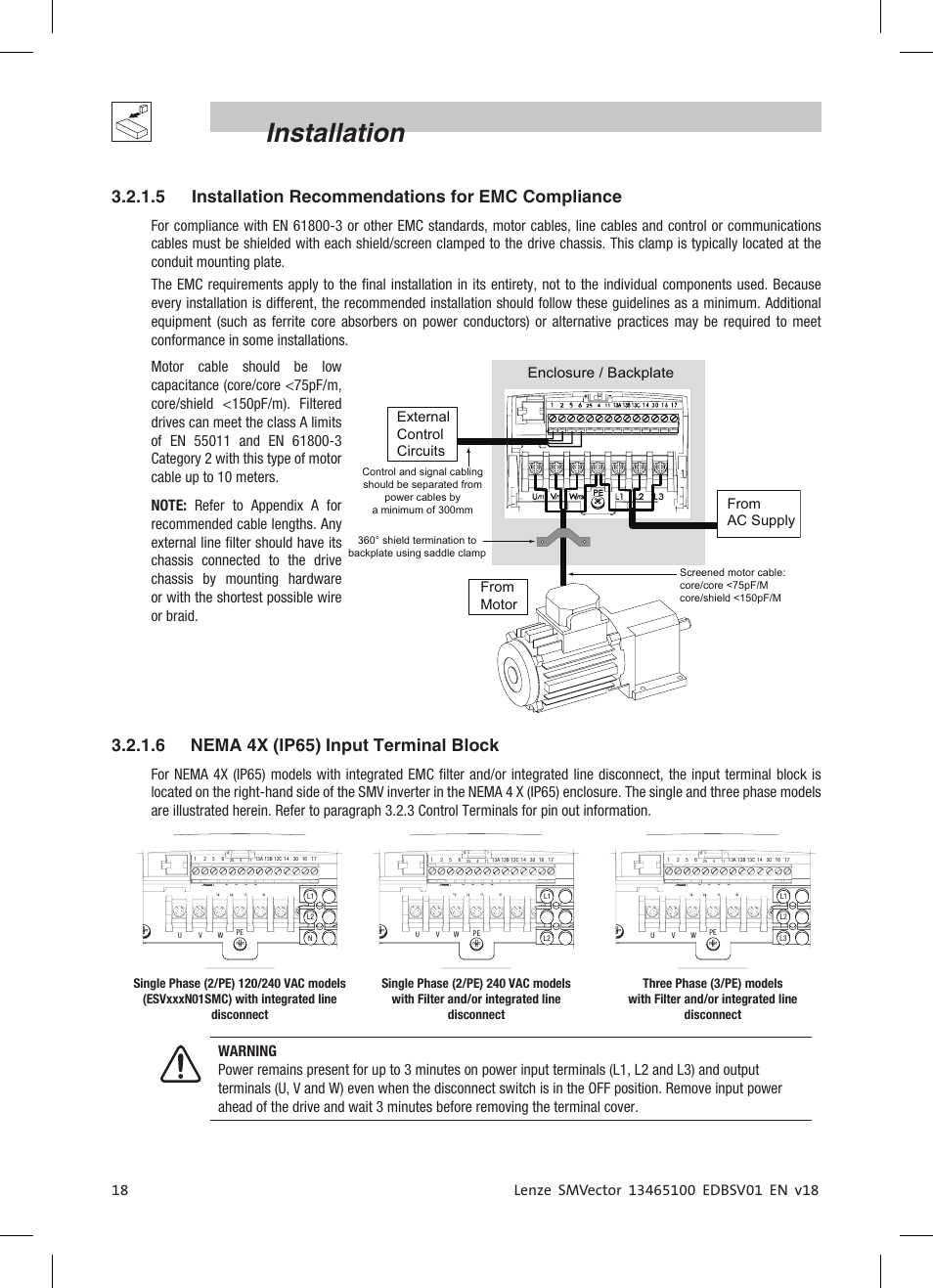 Installation, 5 installation recommendations for emc compliance, 6 nema 4x (ip65) input terminal block | External control circuits from ac supply | Lenze ESV SMV frequency inverter User Manual | Page 20 / 66