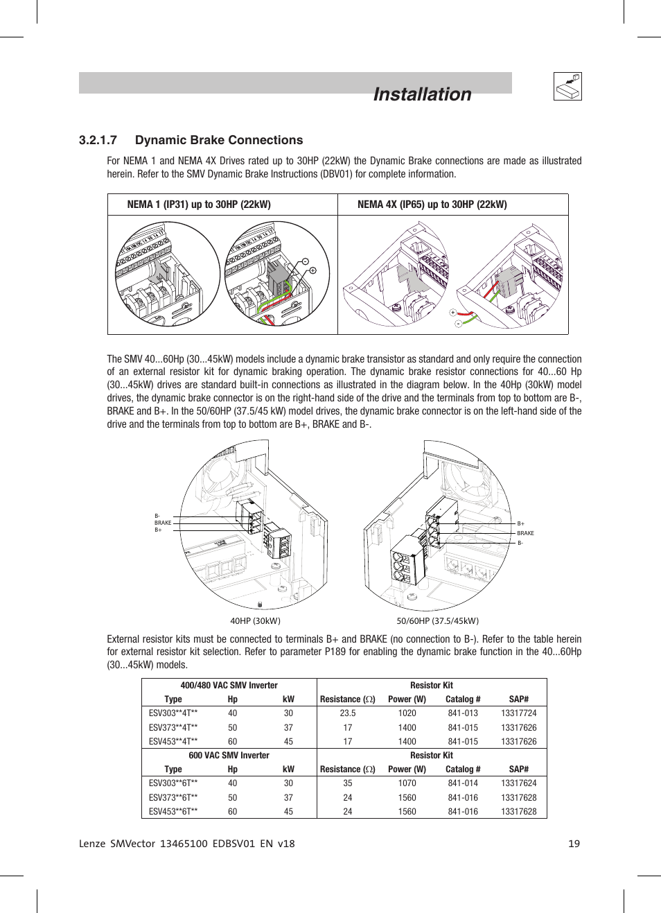 Installation, 7 dynamic brake connections | Lenze ESV SMV frequency inverter User Manual | Page 21 / 66