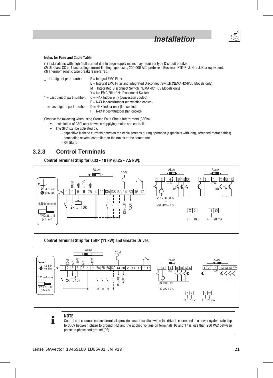 Installation, 3 control terminals | Lenze ESV SMV frequency inverter User Manual | Page 23 / 66