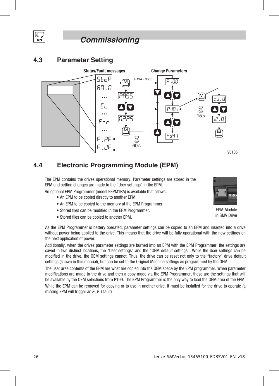 Commissioning, Stop 60.0 f.af f.uf cl err, Pass 0225 | 3 parameter setting, 4 electronic programming module (epm) | Lenze ESV SMV frequency inverter User Manual | Page 28 / 66