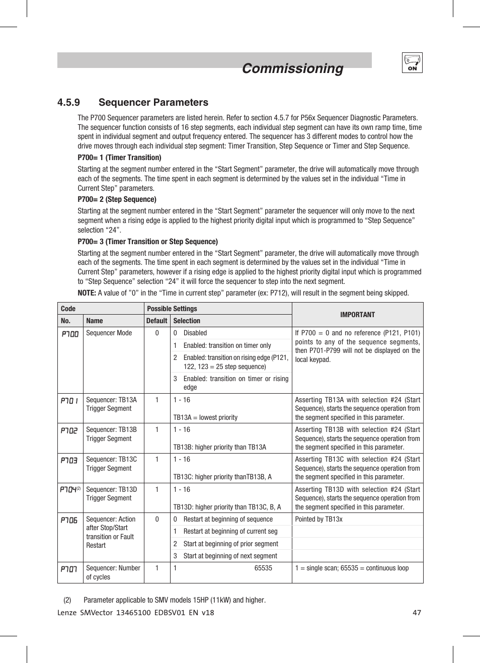 Commissioning, 9 sequencer parameters | Lenze ESV SMV frequency inverter User Manual | Page 49 / 66