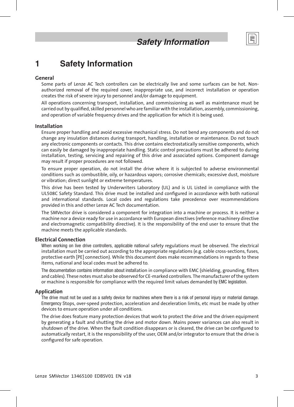 Safety information 1 safety information | Lenze ESV SMV frequency inverter User Manual | Page 5 / 66