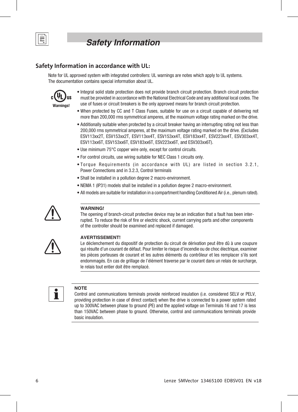 Safety information, Safety information in accordance with ul | Lenze ESV SMV frequency inverter User Manual | Page 8 / 66