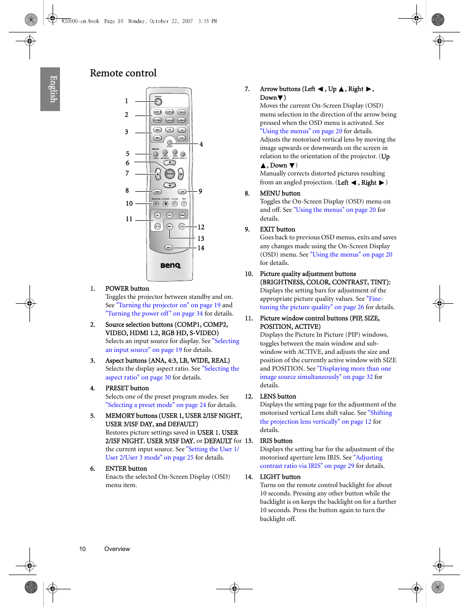 Remote control, Eng lish | BenQ W20000 User Manual | Page 10 / 53