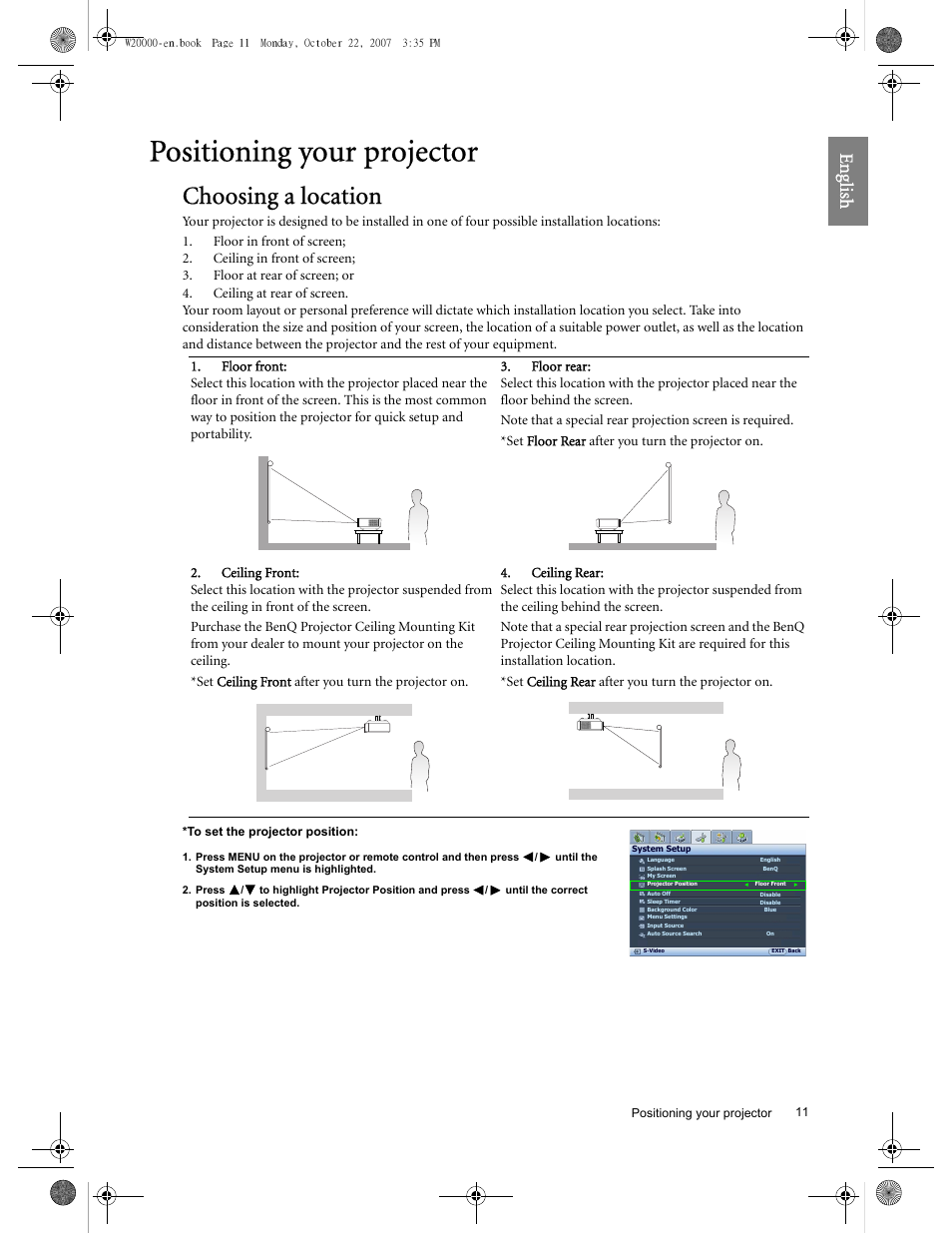 Positioning your projector, Choosing a location, Eng lish | BenQ W20000 User Manual | Page 11 / 53