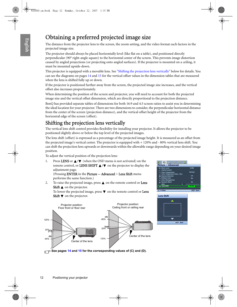 Obtaining a preferred projected image size, Shifting the projection lens vertically, Eng lish | BenQ W20000 User Manual | Page 12 / 53