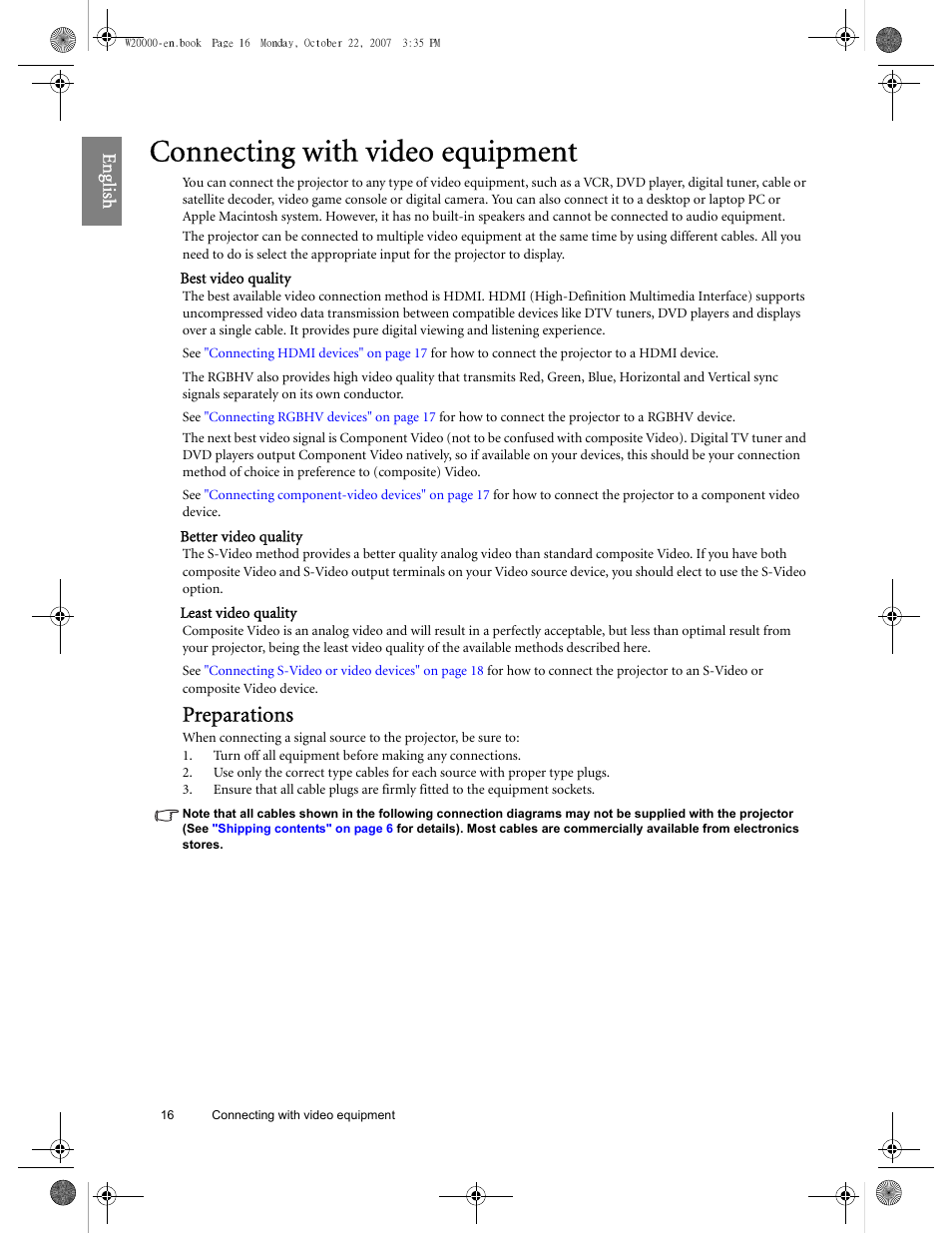 Connecting with video equipment, Preparations, Eng lish | BenQ W20000 User Manual | Page 16 / 53