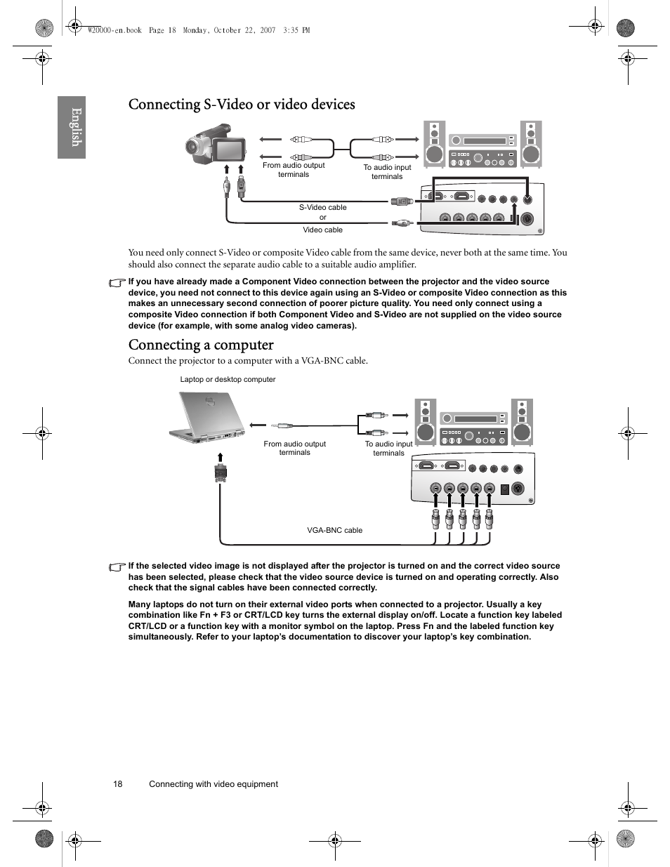Connecting s-video or video devices, Connecting a computer, Eng lish | 18 connecting with video equipment | BenQ W20000 User Manual | Page 18 / 53