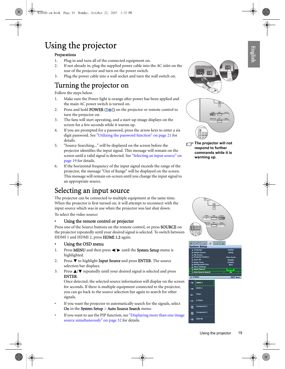 Using the projector, Turning the projector on, Selecting an input source | Eng lish | BenQ W20000 User Manual | Page 19 / 53