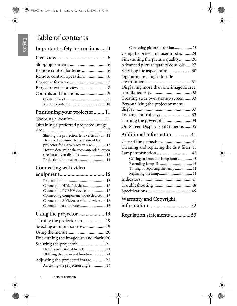 BenQ W20000 User Manual | Page 2 / 53