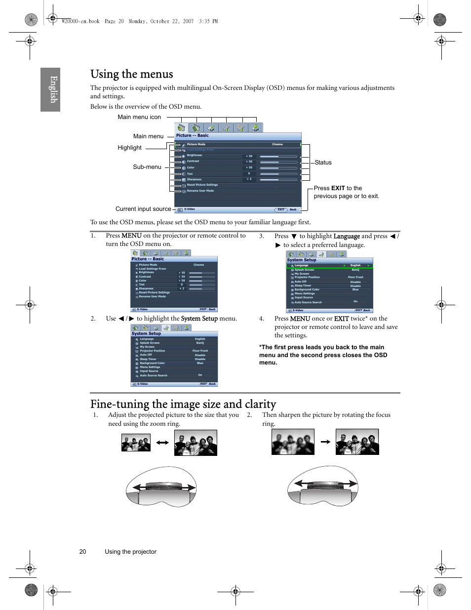 Using the menus, Fine-tuning the image size and clarity, Eng lish | BenQ W20000 User Manual | Page 20 / 53