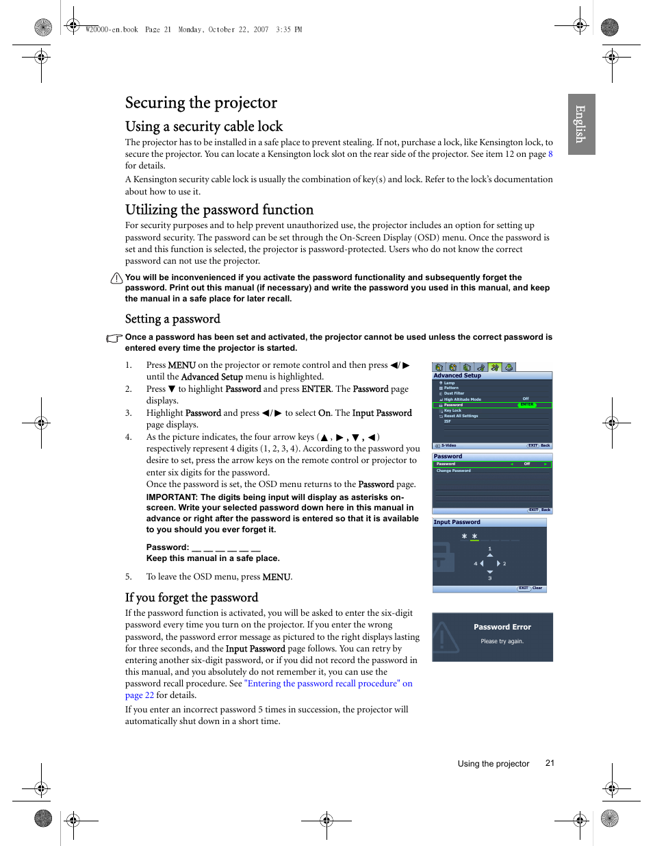 Securing the projector, Using a security cable lock, Utilizing the password function | Eng lish, Setting a password, If you forget the password | BenQ W20000 User Manual | Page 21 / 53