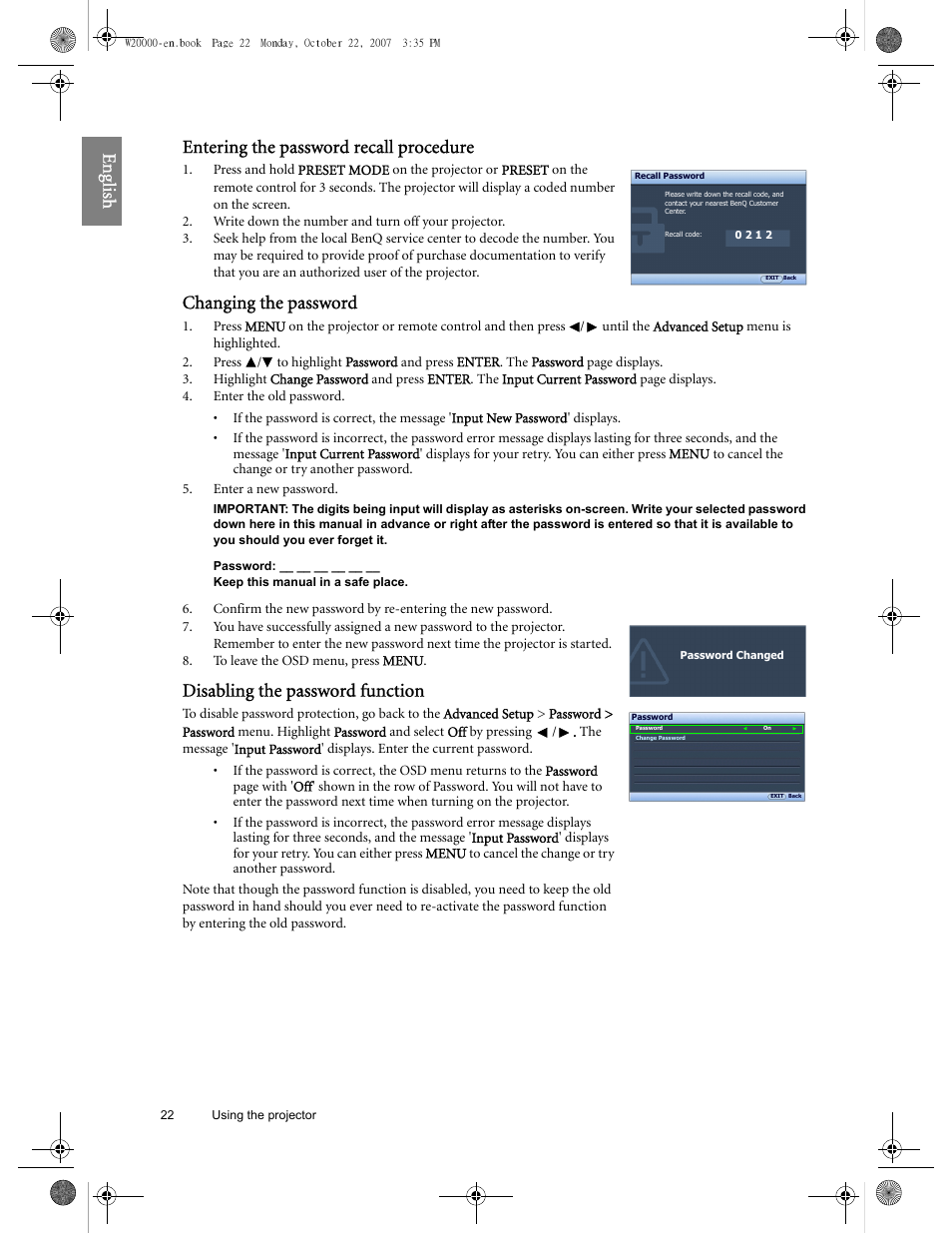 Eng lish entering the password recall procedure, Changing the password, Disabling the password function | BenQ W20000 User Manual | Page 22 / 53