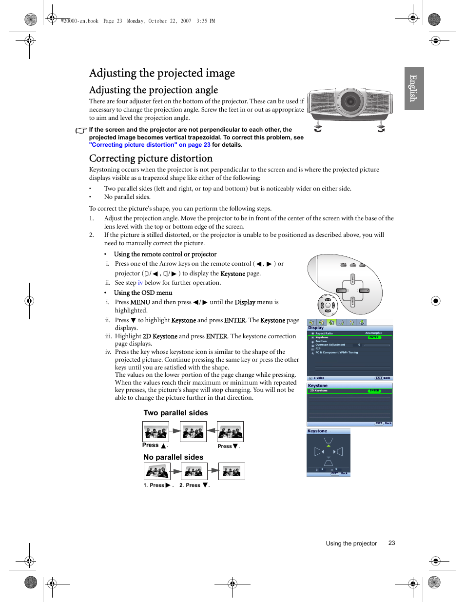 Adjusting the projected image, Adjusting the projection angle, Correcting picture distortion | Eng lish | BenQ W20000 User Manual | Page 23 / 53