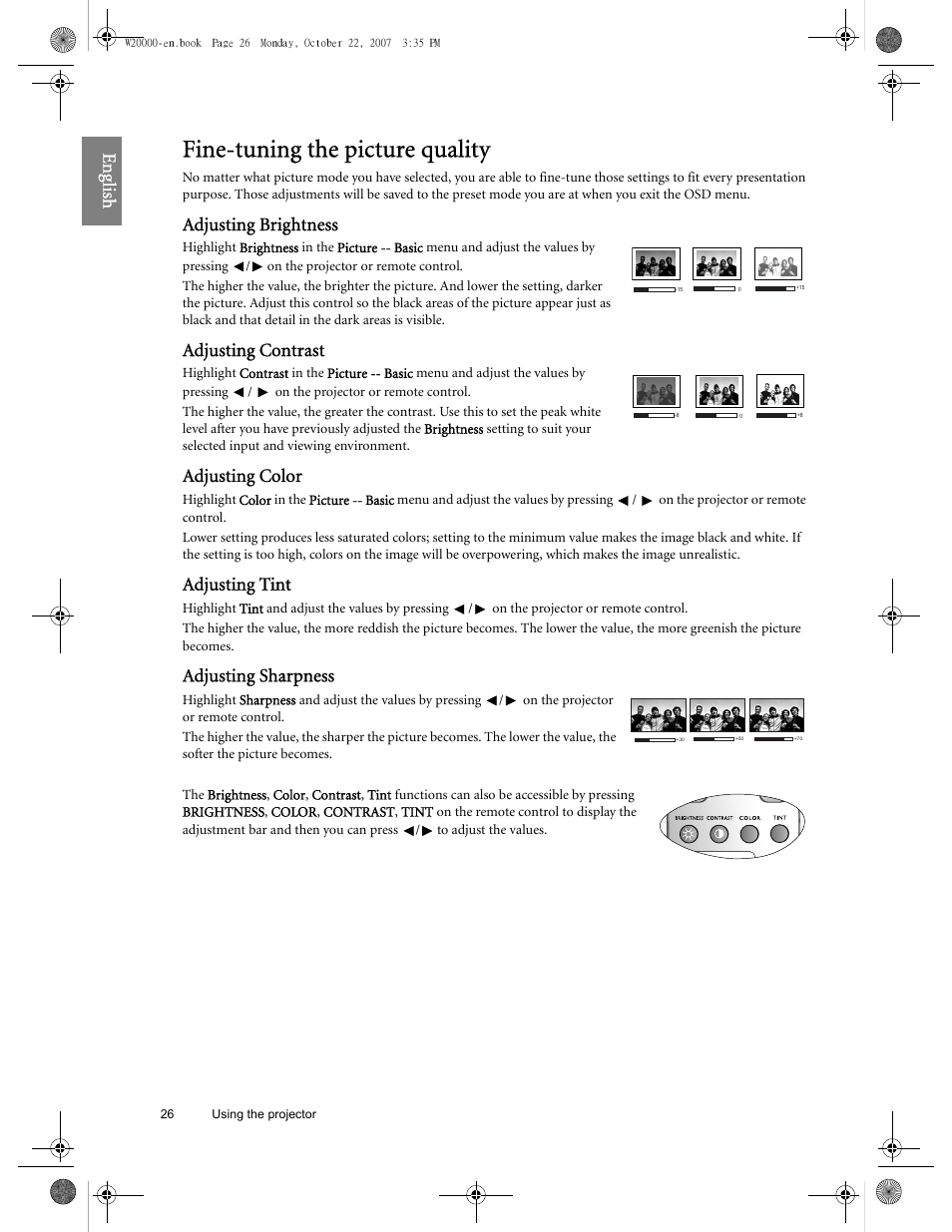 Fine-tuning the picture quality, Eng lish, Adjusting brightness | Adjusting contrast, Adjusting color, Adjusting tint, Adjusting sharpness | BenQ W20000 User Manual | Page 26 / 53