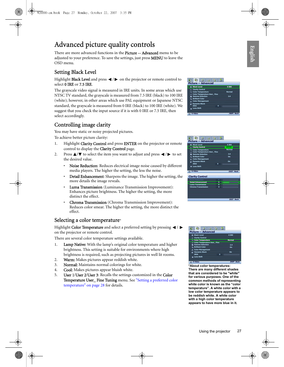 Advanced picture quality controls, Eng lish, Setting black level | Controlling image clarity, Selecting a color temperature | BenQ W20000 User Manual | Page 27 / 53