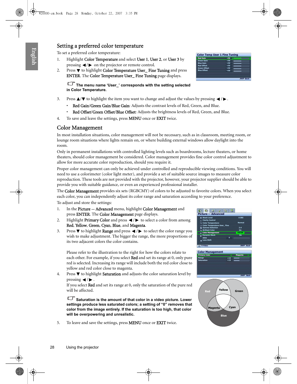Eng lish setting a preferred color temperature, Color management | BenQ W20000 User Manual | Page 28 / 53