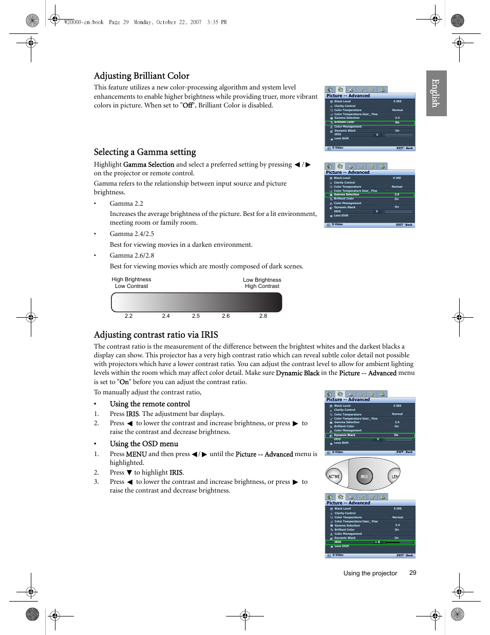 Eng lish adjusting brilliant color, Selecting a gamma setting, Adjusting contrast ratio via iris | Using the remote control, Using the osd menu | BenQ W20000 User Manual | Page 29 / 53