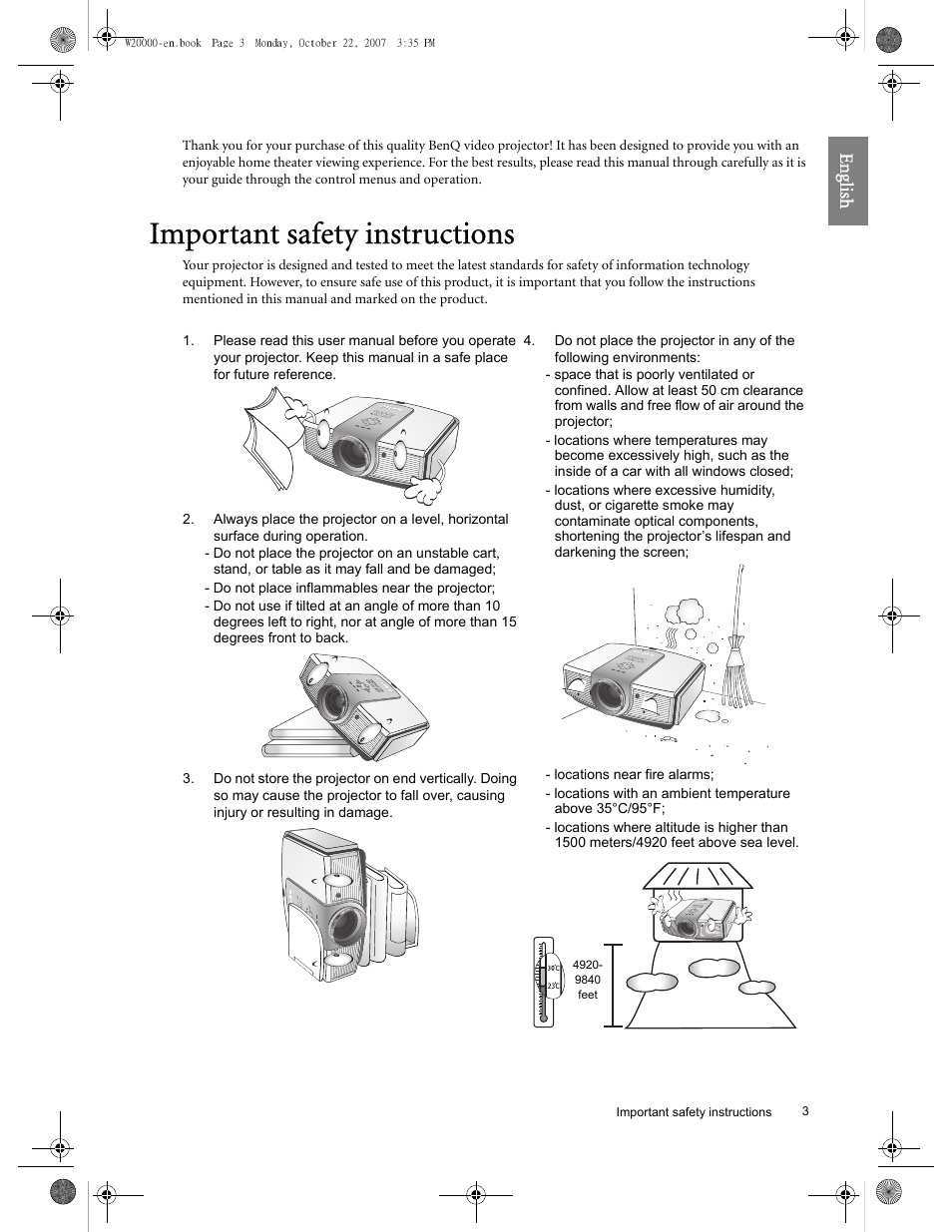 Important safety instructions, Eng lish | BenQ W20000 User Manual | Page 3 / 53