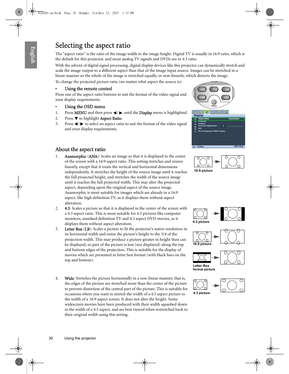 Selecting the aspect ratio, Eng lish, About the aspect ratio | BenQ W20000 User Manual | Page 30 / 53