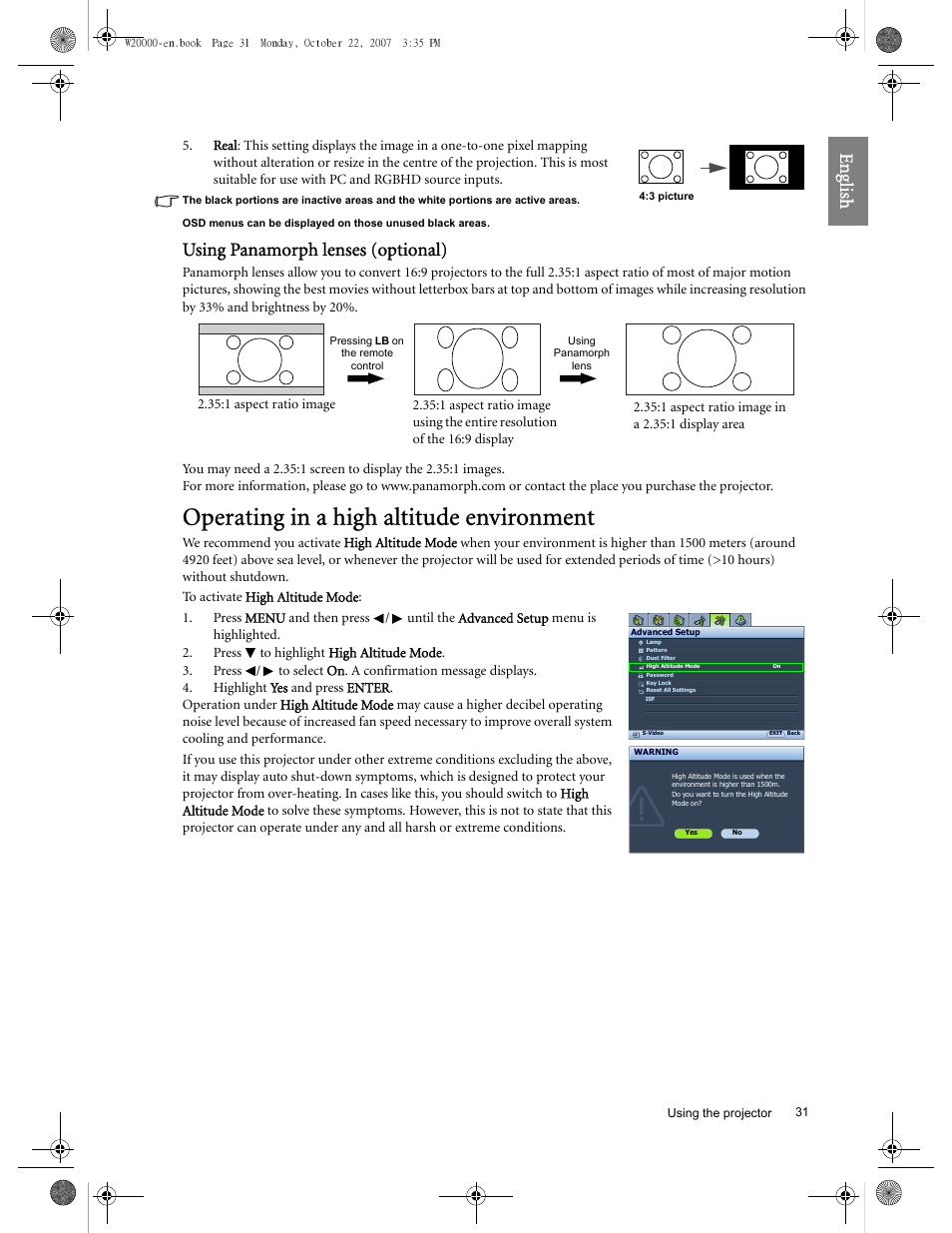 Operating in a high altitude environment, Eng lish, Using panamorph lenses (optional) | BenQ W20000 User Manual | Page 31 / 53