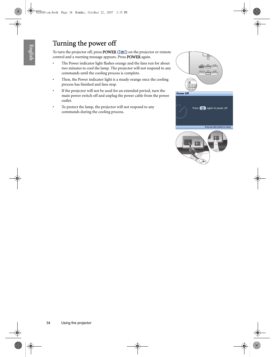 Turning the power off, Eng lish | BenQ W20000 User Manual | Page 34 / 53