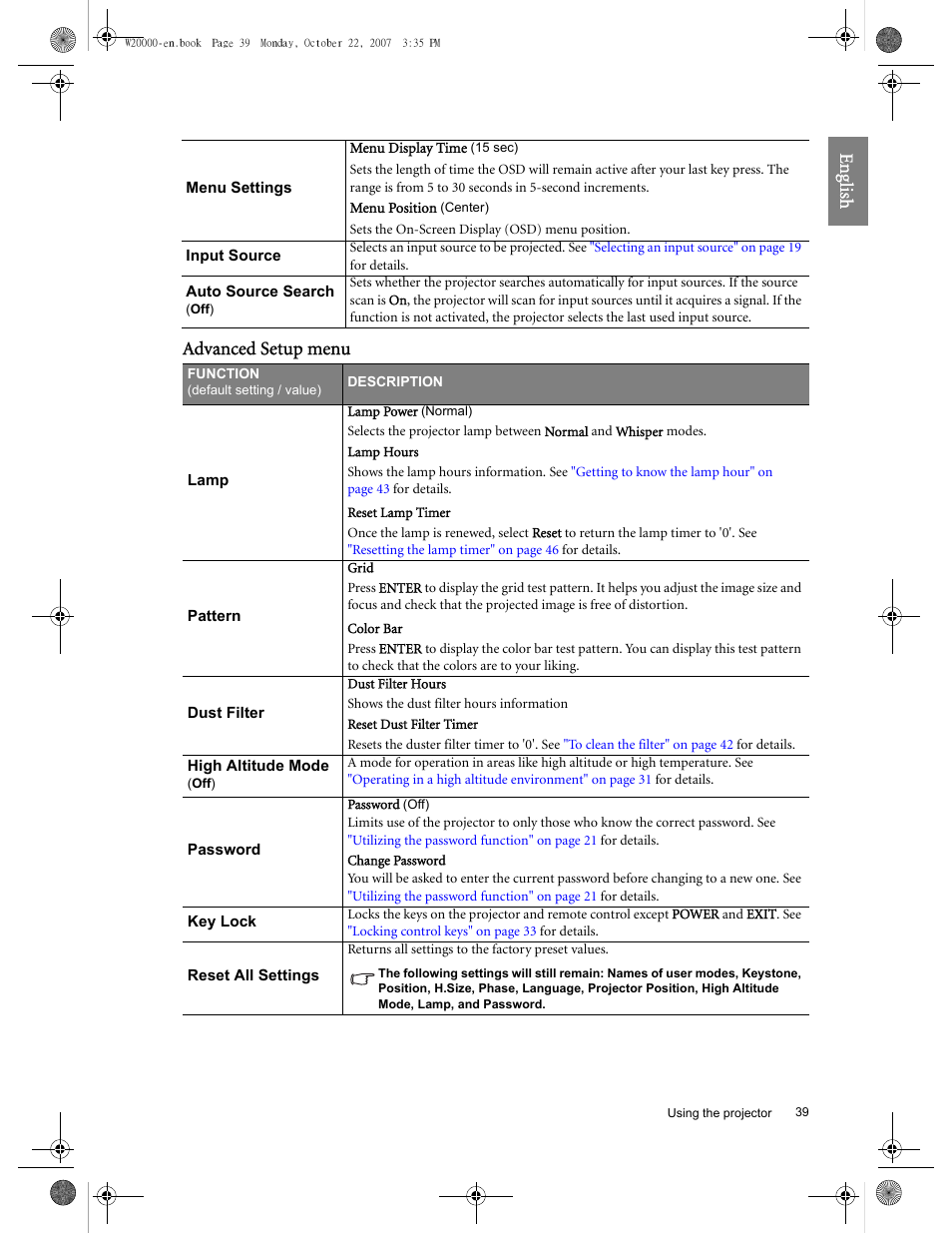 Eng lish advanced setup menu | BenQ W20000 User Manual | Page 39 / 53