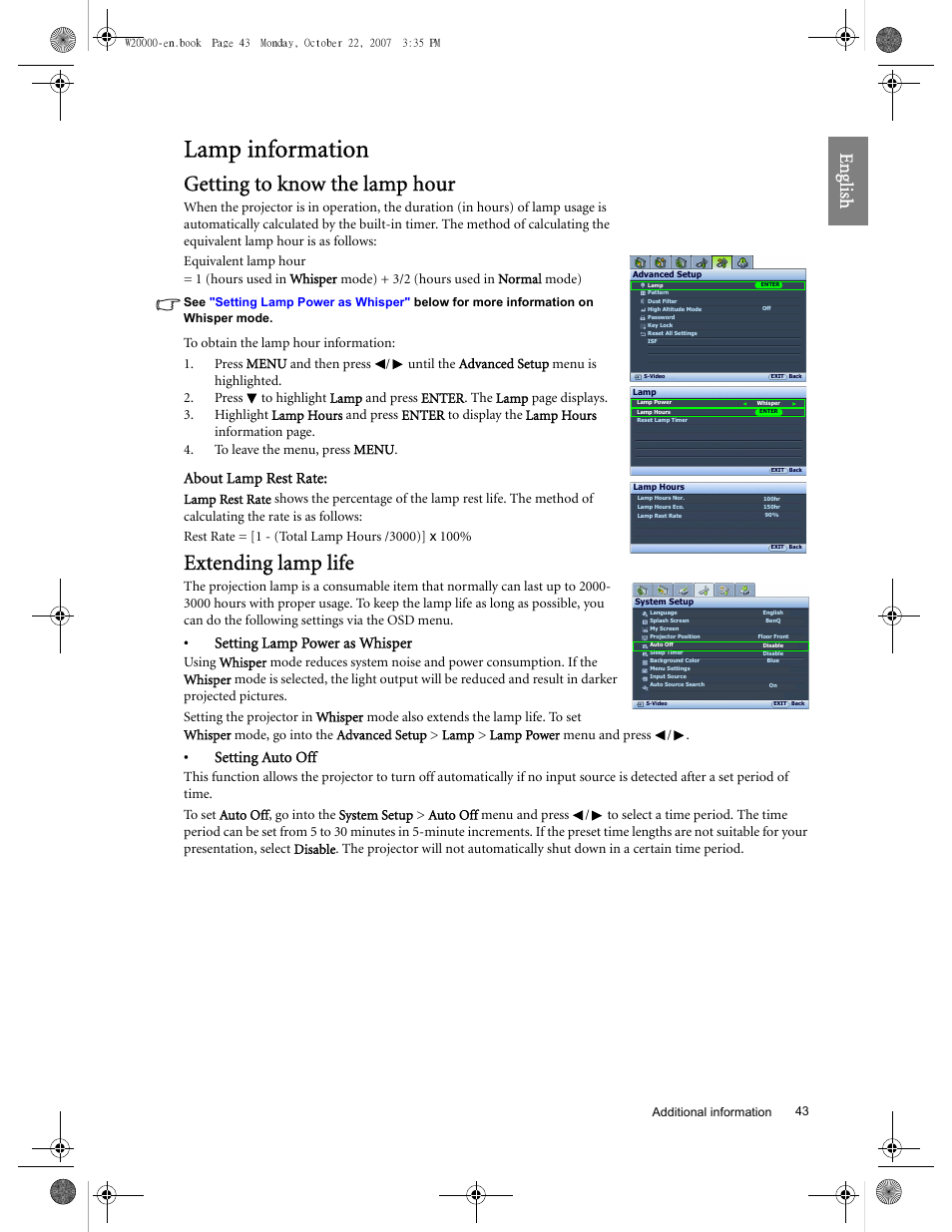 Lamp information, Getting to know the lamp hour, Extending lamp life | Eng lish, About lamp rest rate, Setting lamp power as whisper, Setting auto off | BenQ W20000 User Manual | Page 43 / 53