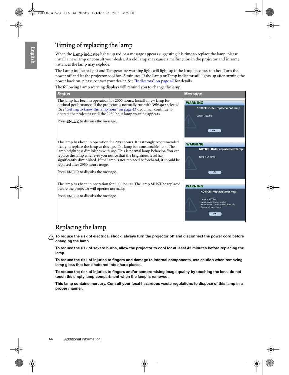 Timing of replacing the lamp, Replacing the lamp, Eng lish | BenQ W20000 User Manual | Page 44 / 53