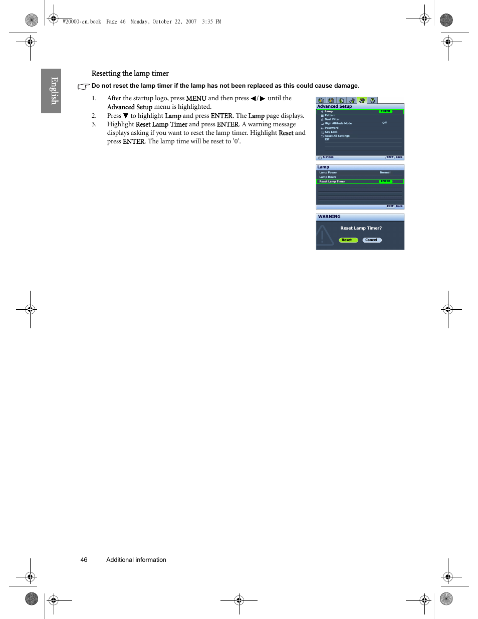 Eng lish, Resetting the lamp timer | BenQ W20000 User Manual | Page 46 / 53